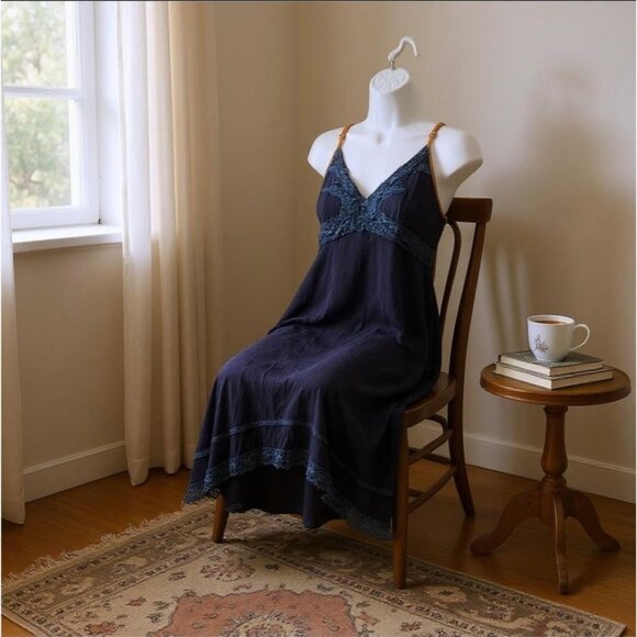 Dress – Miss Me – Navy Blue – Lace Trim Rayon Adjustable Strap Asymmetrical Hem - Picture 10 of 12